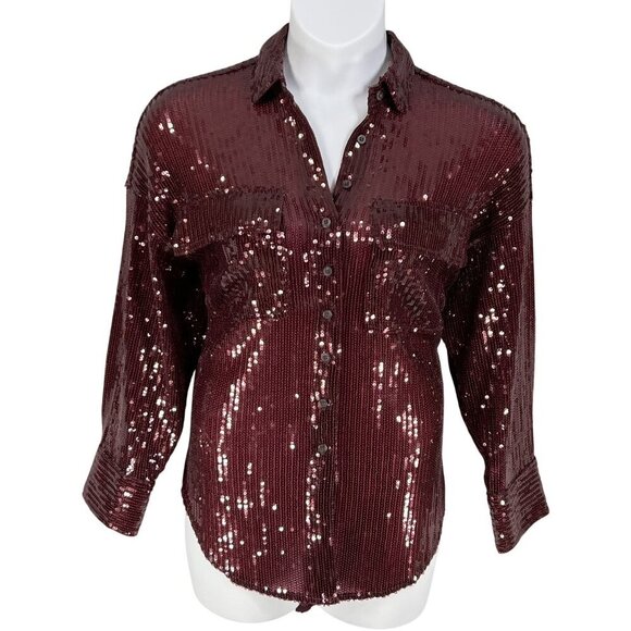 Anthropologie Pilcro Women XS OVERSIZED Burgundy Sequin Button Up Fairy Glam Top - Picture 3 of 16